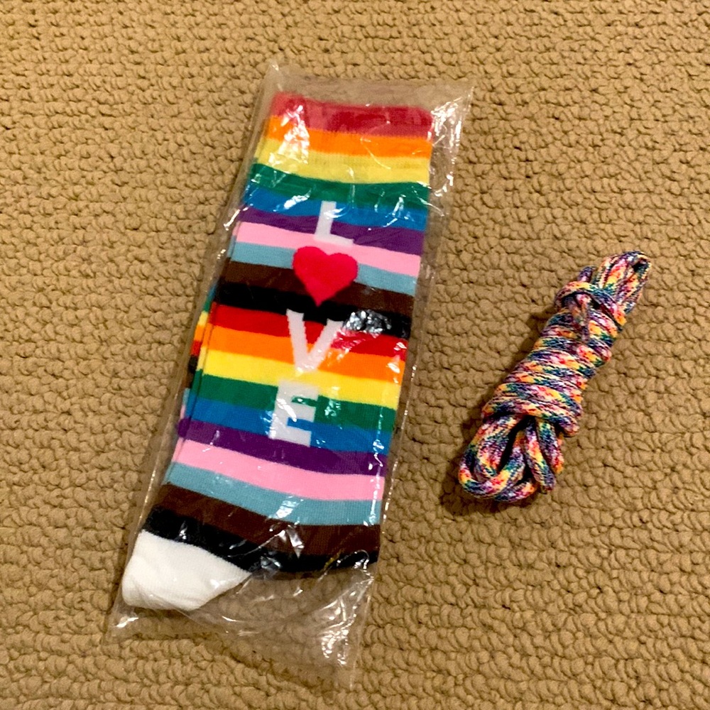 Allbirds limited edition rainbow pride shoelaces + T-Mobile rainbow pride sock
